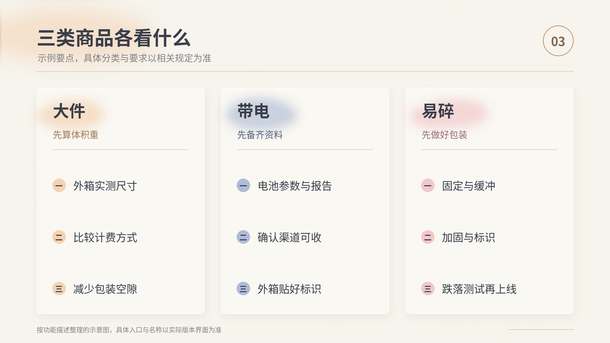 大件、带电、易碎三类商品在上架和发货环节各自的关注重点对照