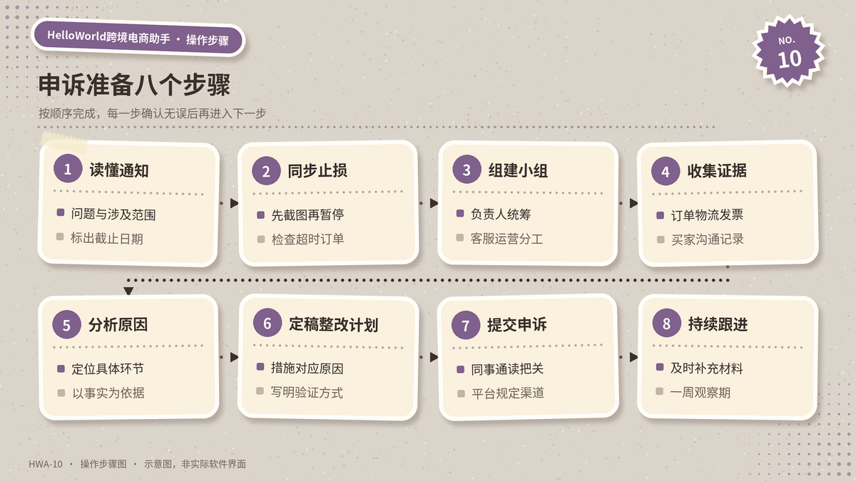 投诉或账号受限后准备申诉材料的八个步骤示意图