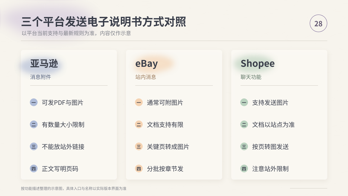 HelloWorld跨境电商助手亚马逊eBay和Shopee发送电子说明书方式对照示意