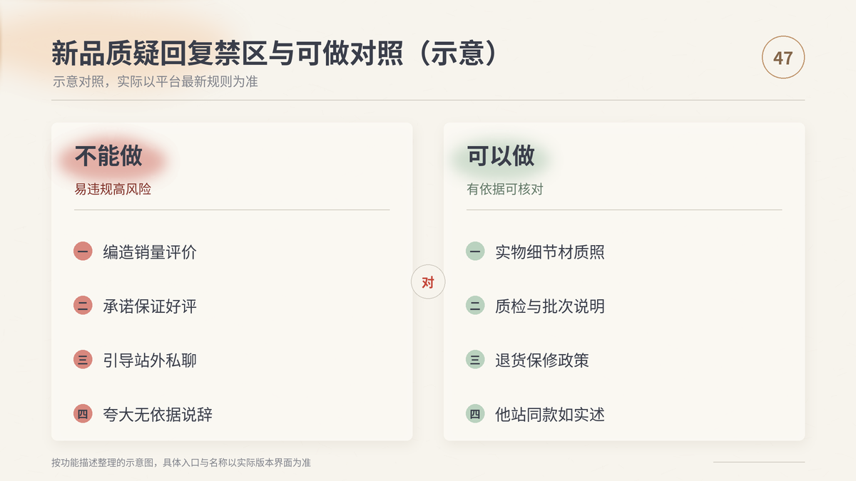 HelloWorld跨境电商助手新品质疑回复禁区与可做对照示意