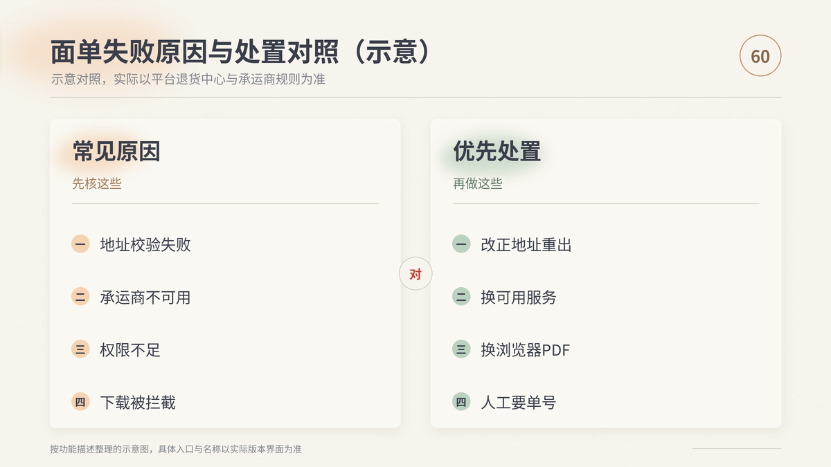 HelloWorld跨境电商助手退货面单失败原因与处置对照示意