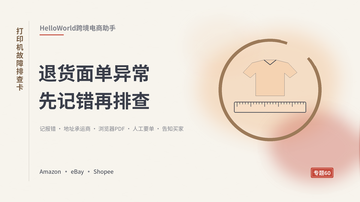 HelloWorld跨境电商助手退货面单打印机故障排查卡封面示意
