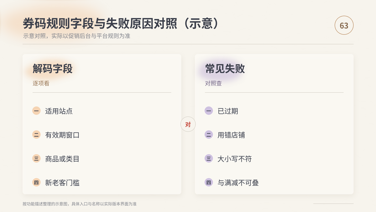 HelloWorld跨境电商助手券码规则字段与失败原因对照示意