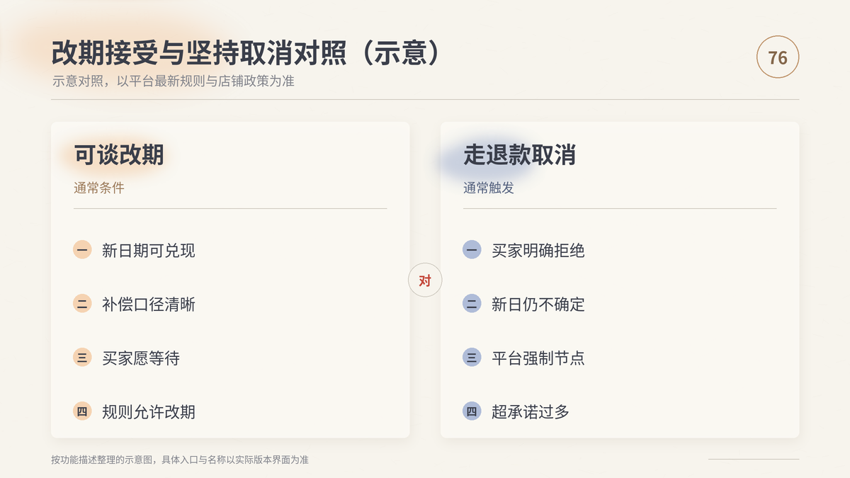 HelloWorld跨境电商助手改期接受与坚持取消对照示意