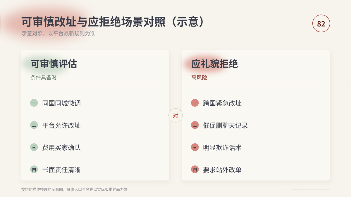 HelloWorld跨境电商助手可审慎改址与应拒绝场景对照示意