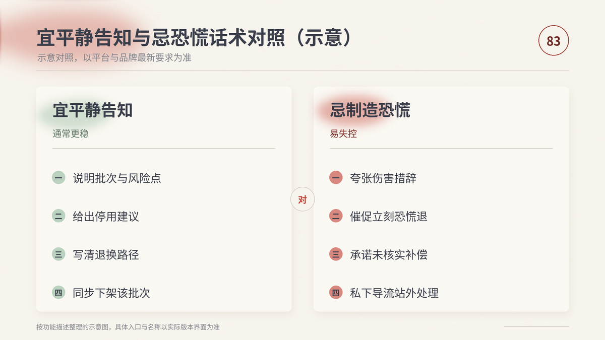 HelloWorld跨境电商助手召回平静告知与恐慌话术对照示意