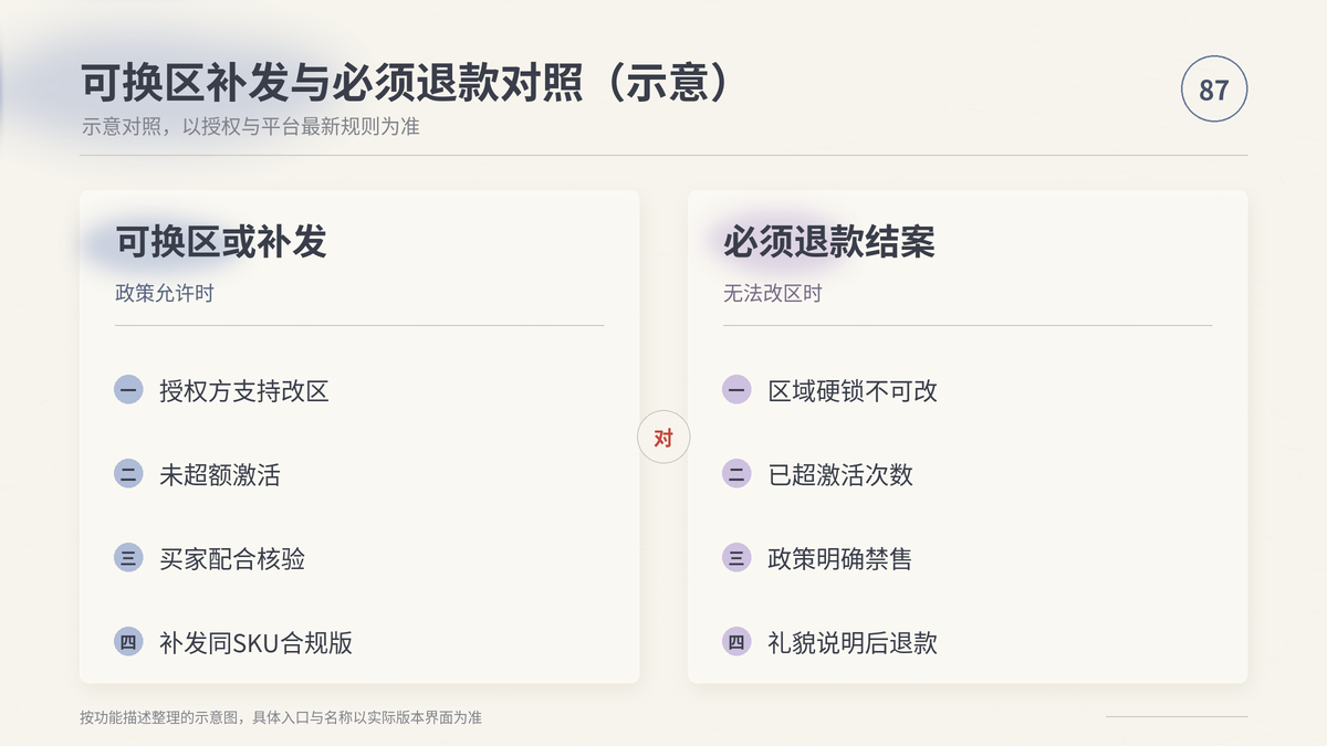 HelloWorld跨境电商助手可换区补发与必须退款对照示意