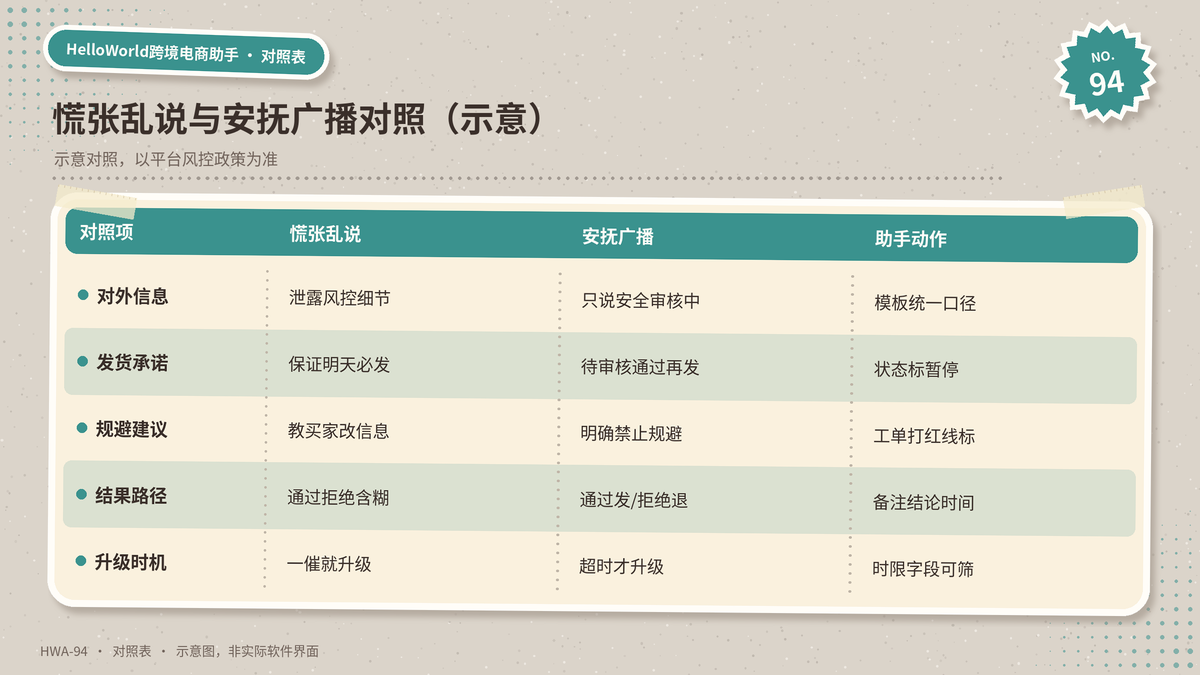 HelloWorld跨境电商助手慌张乱说与安抚广播对照示意