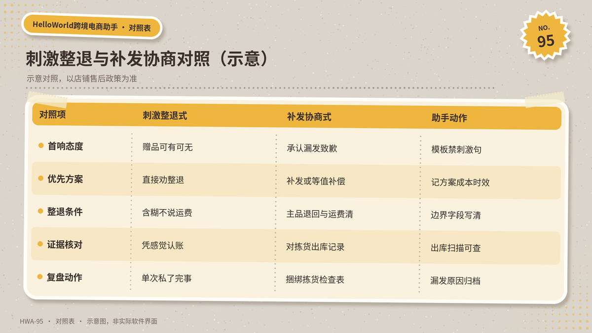 HelloWorld跨境电商助手刺激整退与补发协商对照示意