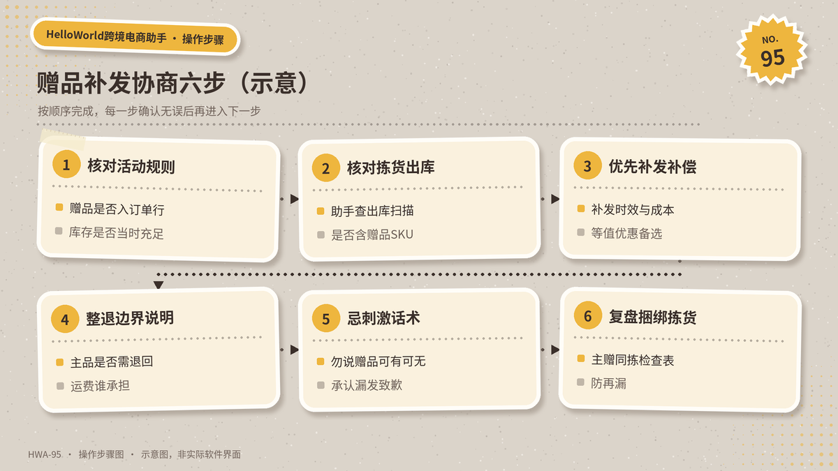 HelloWorld跨境电商助手赠品漏发补发协商步骤示意