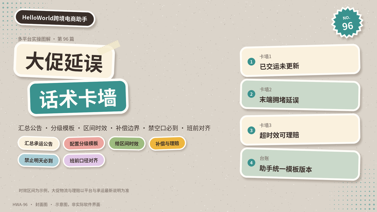 HelloWorld跨境电商助手大促延误话术卡墙封面示意