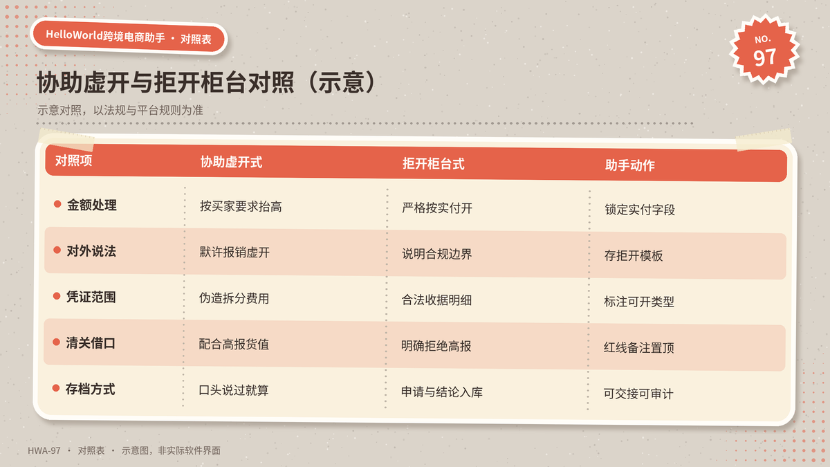 HelloWorld跨境电商助手协助虚开与拒开柜台对照示意